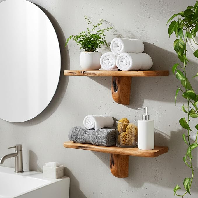 16" Live Edge Wall Mounted Beside Shelf Set of 2, Wood Floating Shelf, Floating Nightstand Handcrafted Root Cedar Bedside Floating Shelf, Unique Natural Wood Wall Decor for Bedroom, Living Room