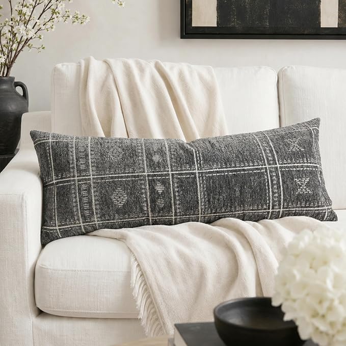 BlissBlush Decorative Lumbar Pillow Cover 14x36, Long Decorative Throw Pillow for Bed, Dark Gray Boho Textured Chenille Accent Pillowcase for Bedroom Home Décor (Cover Only)