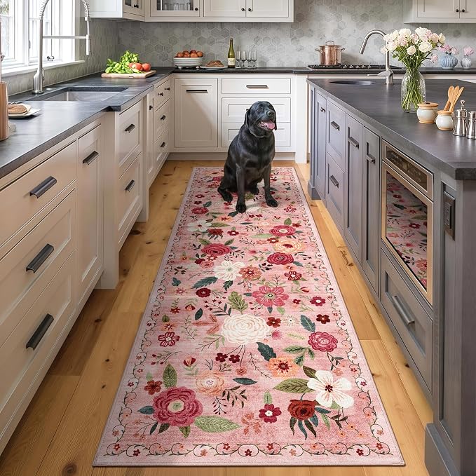 2.6x8 Machine Washable Runner Rug, Kitchen Hallway Area Rug Dark Pink Vintage Boho Floral Ultra Non-Slip Low Pile Soft Faux Wool Carpet Kids and Pets Friendly for Bedroom Entryway Nursery Decor Rug