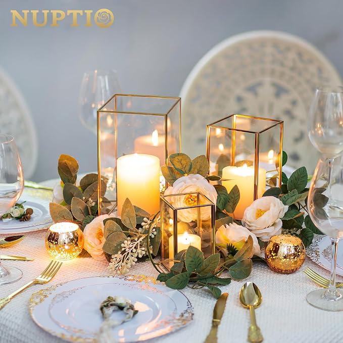 NUPTIO Hurricane Glass Candle Holders: 3Pcs Gold Lanterns Candle Holder for Pillar Candles Geometric Table Centerpiece for Outdoor & Indoor Wedding Christmas Holiday Party Decor 8.1 & 6.5 & 4.7 inch | Geometric Table Centerpiece for Outdoor & Indoor We...