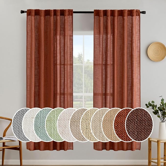 MIULEE Burnt Orange Linen Curtains 72 Inch Length 2 Panels for Bedroom Living Room, Soft Thick Linen Textured Window Drapes Semi Sheer Light Filtering Back Tab Rod Pocket Fall Decor, W37xL72