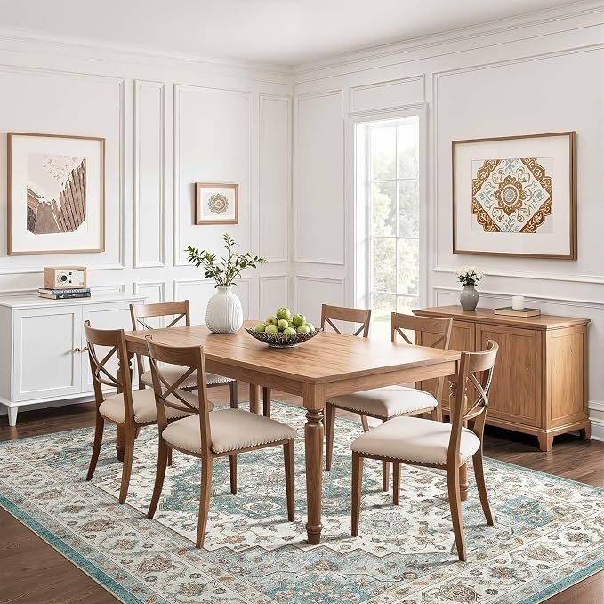 5x8 Area Rug Living Room: Washable Boho Large Neutral Vintage Soft Rug Stain Resistant Farmhouse Non-Slip Indoor Floor Carpet for Bedroom Nursery Kids Playroom Office Dining Room Home- Teal Brown