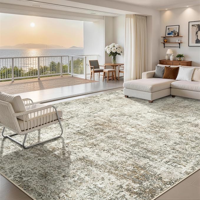 10x14 Area Rugs for Living Room Rug Washable: Abstract Large Rug Indoor Modern Carpet Non Slip for Dining Room Bedroom Nursery Home Office Beige Brown