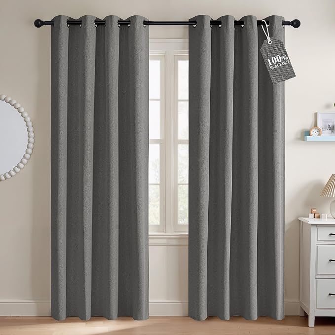 NICETOWN 100% Blackout Grey Curtains 84 inches Long for Living Room, 2 Panels Crisp Faux Linen Energy Smart & Noise Blocking Drapes for Bedroom Dining Room, Thermal Insulated Shades, W52 x L84 in