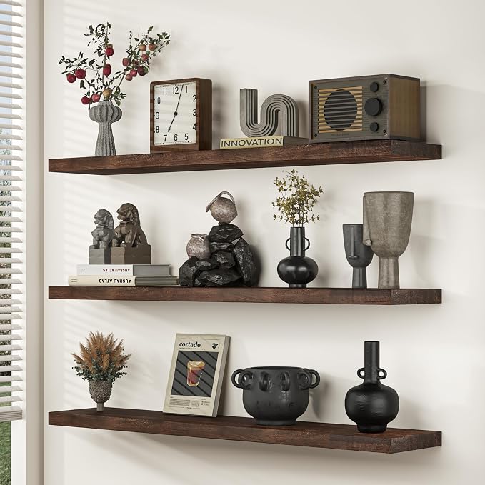 Fun Memories Floating Shelves for Wall, 55"x9.3" Rustic Solid Elm Wood Shelves, Heavy-Duty Wall Mounted Shelves with Invisible Brackets for Living Room, Bedroom, Kitchen, Walnut Finish
