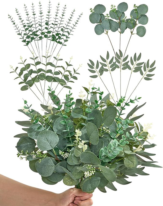 Alecono 25pcs Mixed Eucalyptus Leaves Stems Bulk, 4 Kinds Artificial Greenery Stems Faux Sliver Dollar Fake Greenery for Centerpieces Wedding DIY Bouquets Floral Arrangement Party Decor