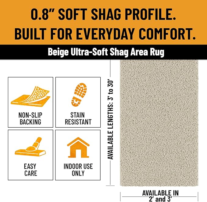 Ottomanson Bedroom Shag Runner Rug 2' x 6', Fluffy Bedside Runner with Non-Slip Rubber Backing, Soft Non-Shedding Accent Rug for Nursery, Dorm, Entryway, Cream