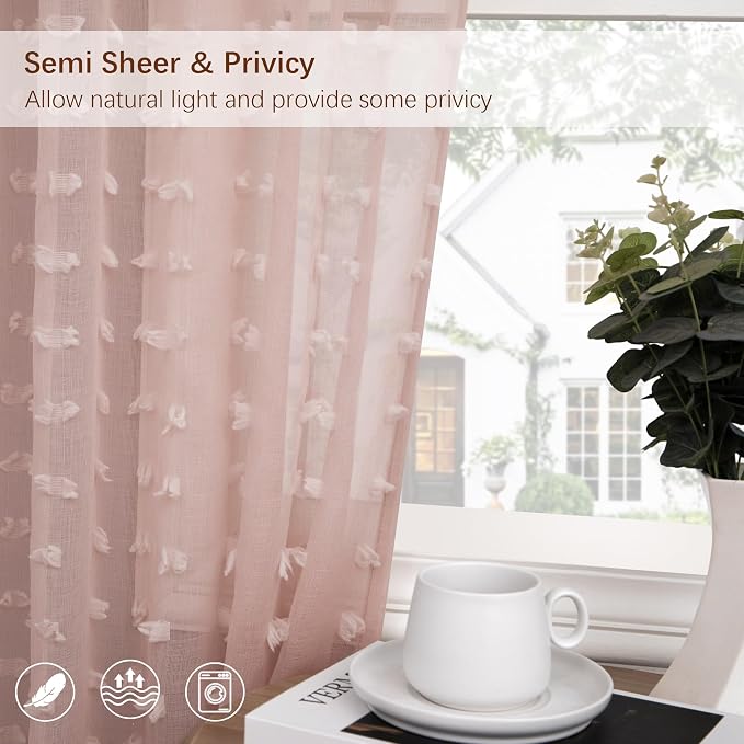 DANCURTON Pink Sheer Curtains 84 Inch Length for Living Room Girls Bedroom 2 Panels Light Filtering Transparency Cute Sheer Semi Curtains Boho Pom Pom Lovely Design Drapes Back Tab 52x84 Blush Pink