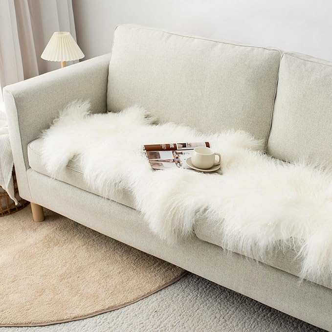 100% Genuine Sheepskin Area Rug Real Lightweight Fluffy Soft Mongolian Long Wool Fur Carpet for Couch Bed Sofa Bedroom Living Room White 2x5ft