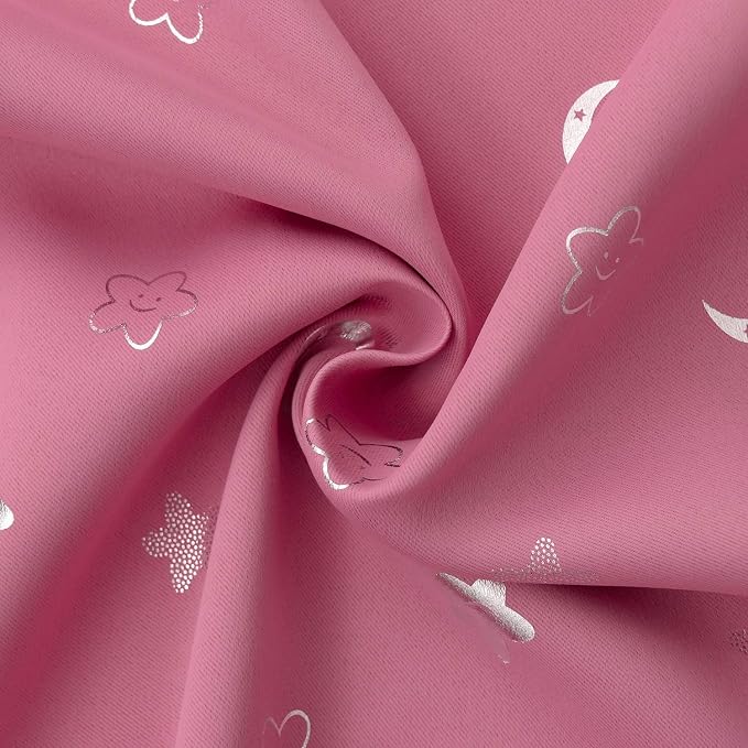 BGment Blackout Curtains for Nursery, Room Darkening Thermal Insulated Window Curtains for Kids Room, Noise Cancelling Heat Insulation Star and Moon Curtains for Bedroom, 2 Panels, Pink, 52 x 72 Inch
