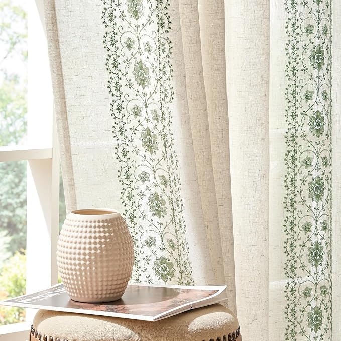 jinchan Weslie Boho Curtains for Bedroom Sage Green Vintage Floral Farmhouse Curtains 63 Inch Linen Drapes for Living Room Embroidered Light Filtering Drapes Rod Pocket Sage on Beige 2 Panels