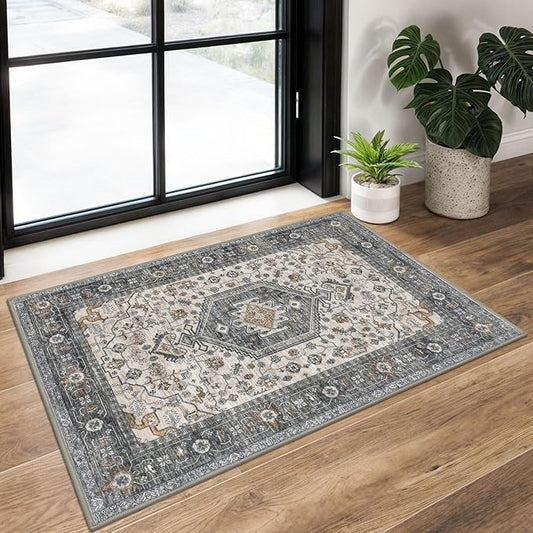 KUTA Vintage Entryway Rugs Indoor Taupe Washable Rug 2x3 Non-Slip Soft Printed Floral Medallion Doormat Small Accent Farmhouse Kitchen Throw Carpet for Entrance and Bedroom