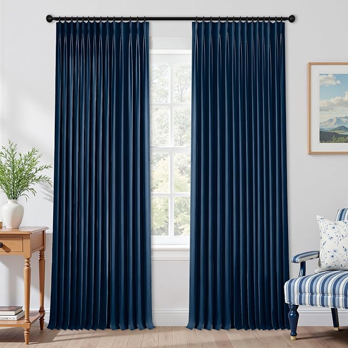 Mrs.Naturall Navy Blue Pinch Pleated Linen Blackout Curtains 84 Inch Length, Pleat Design for Summer Thermal Insulated & Noise Reducing for Mens, Boys Bedroom & Nursery, 2 Panel Set