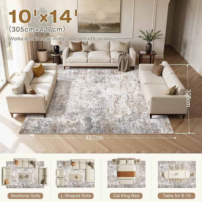 UERMEI 10x11 Area Rug Living Room Rugs - Washable Neutral Modern Abstract Soft Thin Rug Indoor Floor No Slip Rug Carpet for Bedroom Under Dining Table Home Office Decor - Brown Grey