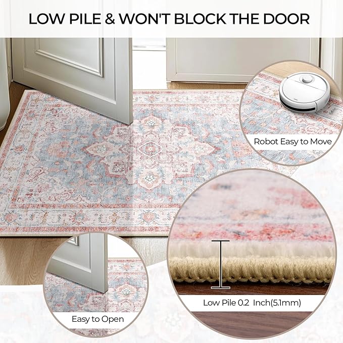 CAPALOCA Machine Washable Rugs Nursery Rug 3x5 Cute Girl Non Slip Low Pile Water Repellent Soft Print Pattern for Bedroom Indoor Decor Kids Playroom Pink Blue