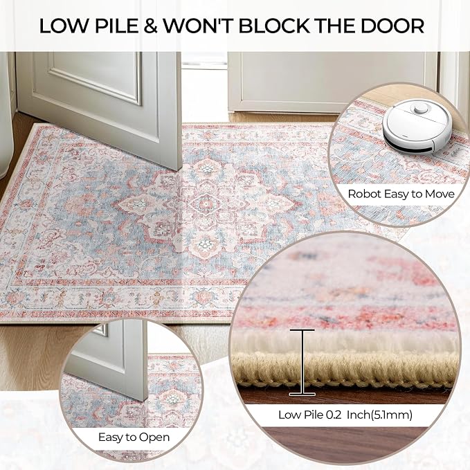 CAPALOCA Machine Washable Rugs Nursery Rug Sq5ft Cute Girl Non Slip Low Pile Water Repellent Soft Print Pattern for Bedroom Indoor Decor Kids Playroom Pink Blue