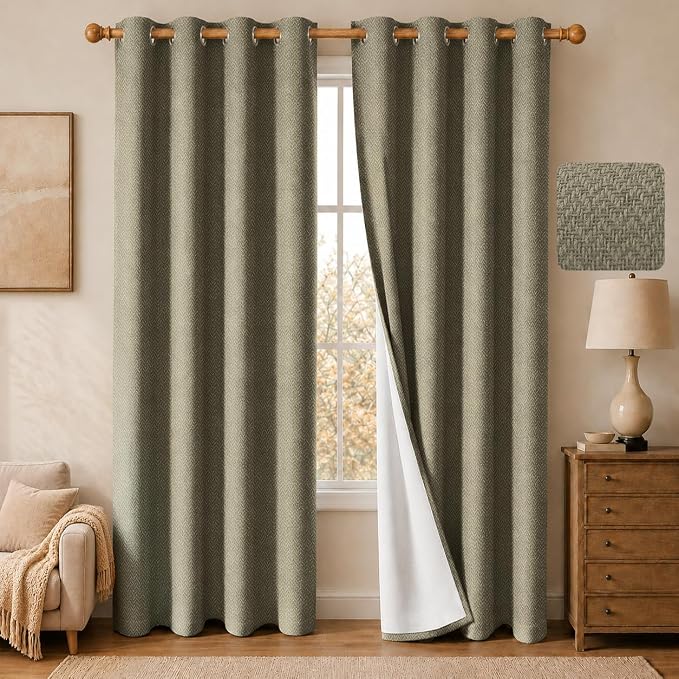 2 Panels 100% Blackout Linen-Textured Curtains, Thick Thermal Insulated Grommet Drapes with Subtle Herringbone Weave, Luxury Decor for Bedroom/Living Room, 54 x 108 Inches, Taupe