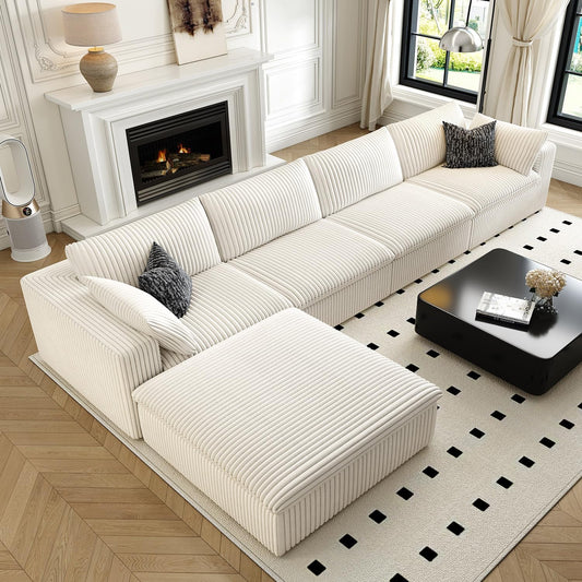 157.5" Cloud Couch Modular Sectional Sofa for Living Room,Modern Sofa with Deep Seat，L-Shape Boneless Couch with Ottoman,Comfy Upholstered Corduroy Couches for Apartment, Studio, Office,Bedroom，White