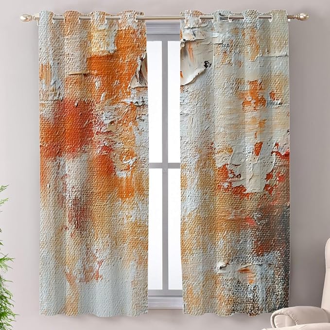 Shrahala Brushstrokes of Paint Thermal Insulated Blackout Window Curtains, Orange Grey Canvas Texture Long Drapes for Bedroom/Living Room with Plastic Grommet, 52X63 Set of 2