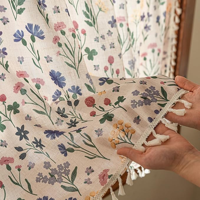 Deeprove Boho Valance Curtain 18 Inch with Tassels Cute Floral Herb Print Kitchen Window Sheer Short for Living Room Cafe Closet Farmhouse Chic Vintage Country Style Drape Decor 1 Panel 52W x 18L