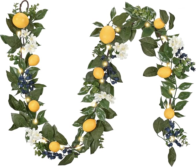 Valery Madelyn 6ft Artificial Lemon Garland for Mantel Summer Decor(Thin) | Faux Lemons Eucalyptus & Blueberry Summer Garland with Lights for Stairs Table Fireplace Farmhouse Kitchen Home Decor
