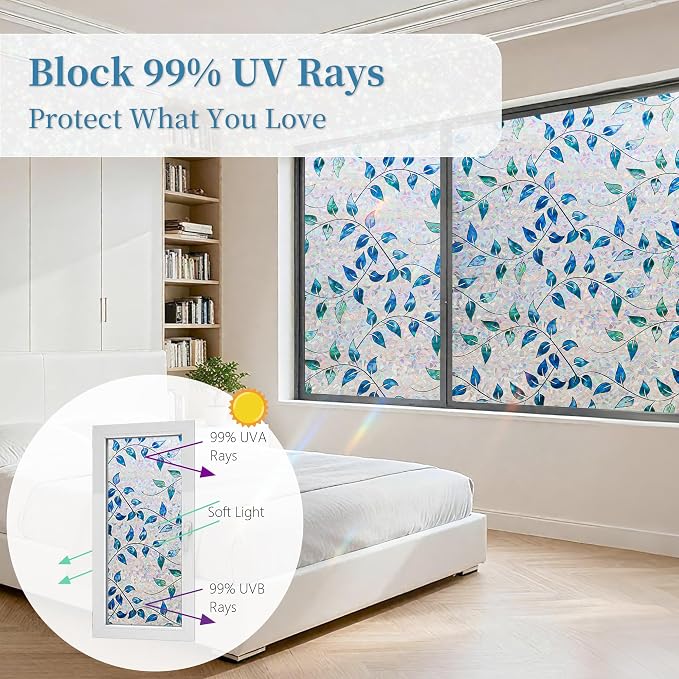Finnez Window Privacy Film 3D Static Cling Window Film with Rainbow Effect, No Glue Heat Control & 99% UV Blocking for Home Office, Decorative Glass Cover 17.5" x 13.1'