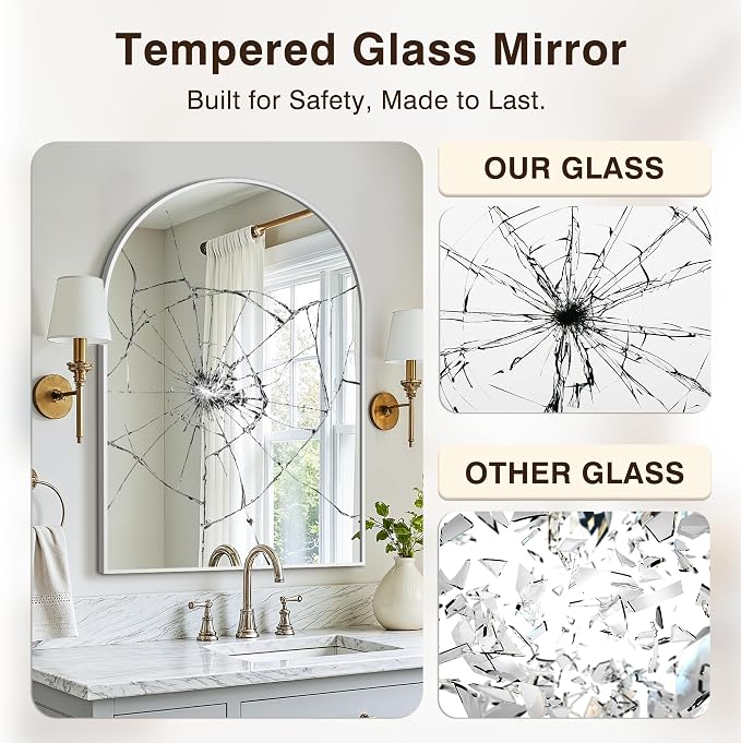 Bathroom Vanity Mirror for Wall, 36”x24” Arched Bathroom Mirror for Over Sink, Arched Metal Frame for Bedroom, Living Room, Entryway, Hanging or Leaning, Silver