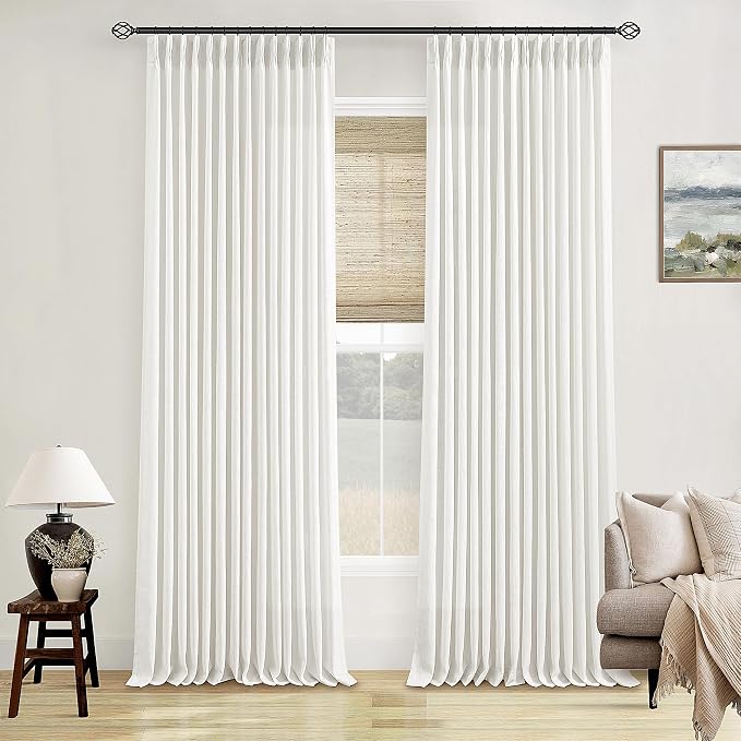 TWODRAPES Beige White Pinch Pleated Linen Curtains 92 Inches Long 2 Panels for Living Room Bedroom Memory Training Shaped Semi Sheer Pleat Drapes with Hooks Rings Light Filtering Window Curtain 40x92