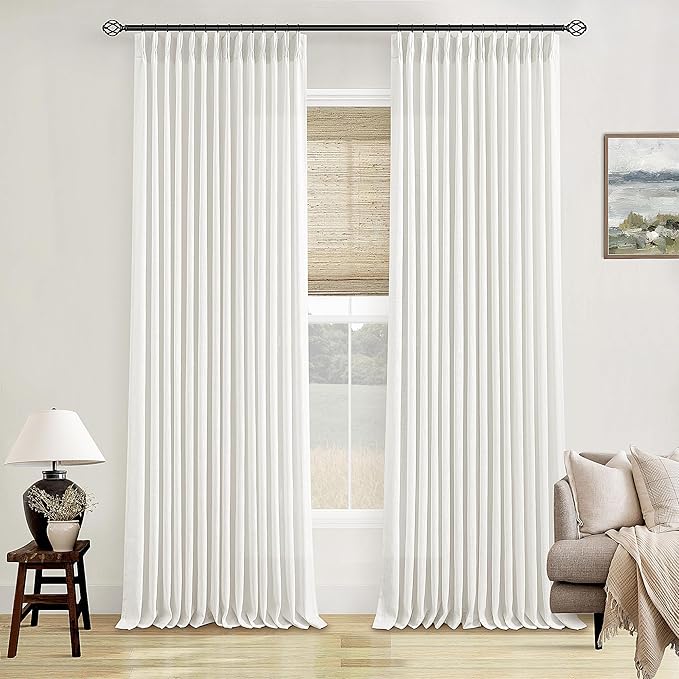 TWODRAPES 86 Inch Pinch Pleated Linen Curtains 2 Panels for Living Room Bedroom Memory Training Shaped Semi Sheer Pleat Drapes with Hooks Rings Light Filtering Window Curtain 40x86 Beige White