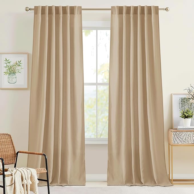 RYB HOME Camel Linen Sheer Curtains 95 inches Length, Aesthetic Light Filtering Airy Half Privacy Gauze Curtain Cortina for Home Office Farmhouse, W 52 x L 84, 2 Pieces