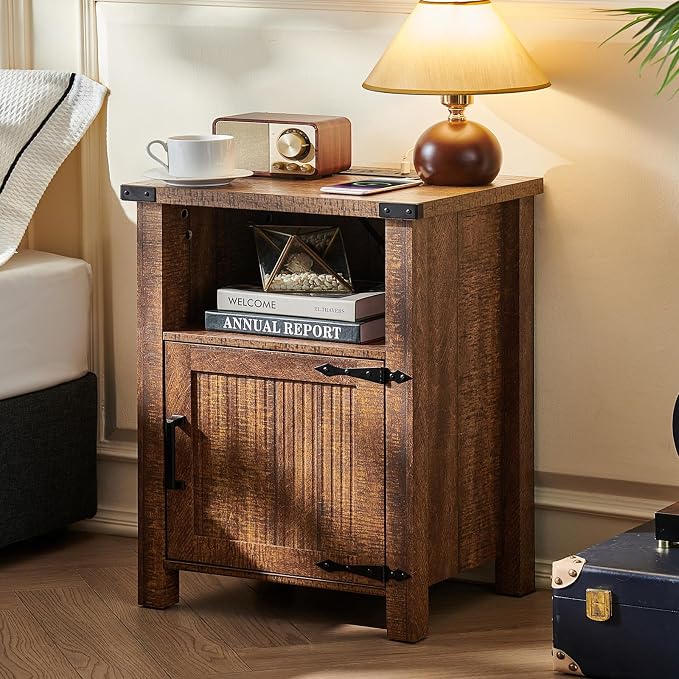 Joaxswe Night Stand Set of 2, 18 Inch Farmhouse Nightstand with Charging Station and USB Port, Rustic Wood Bedside Table with Magnetic Door, Bed Side Tables for Bedroom, Reclaimed Barnwood