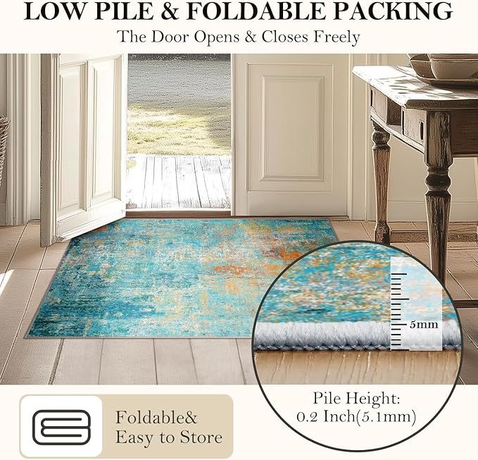 RELEANY Washable Area Rugs 4ft Non-Slip Modern Abstract Soft for Living Room Entryway Bedroom Kitchen, Print Pattern, Teal Blue Green Orange Rust Red Coloreful