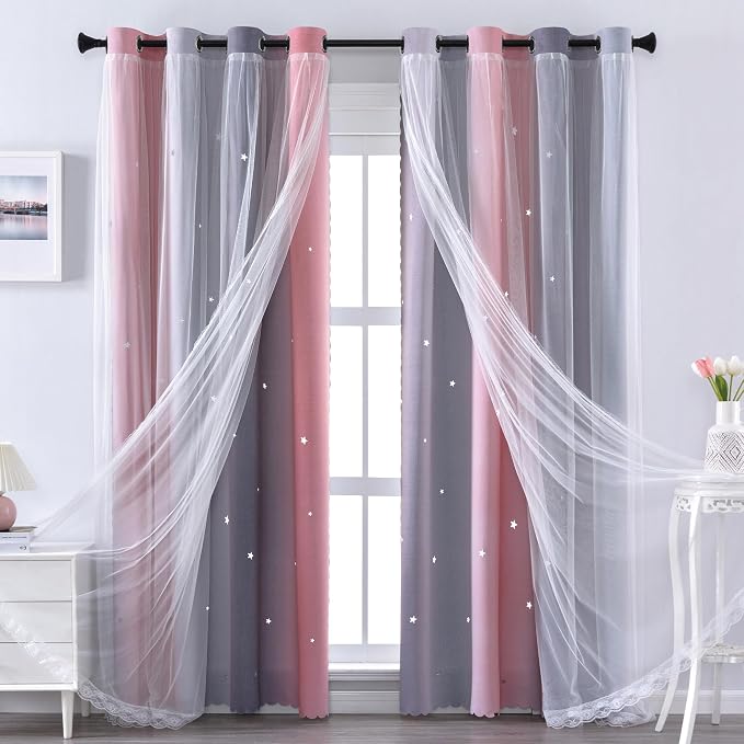 XiDi Pink and Grey Star Blackout Curtains for Girls Bedroom 63 Inch Length 2 Panels, Room Darkening Thermal Insulated Grommet Window Drapes for Kids Nursery Room Home Decro Ombre Pink Grey 34W x 63L