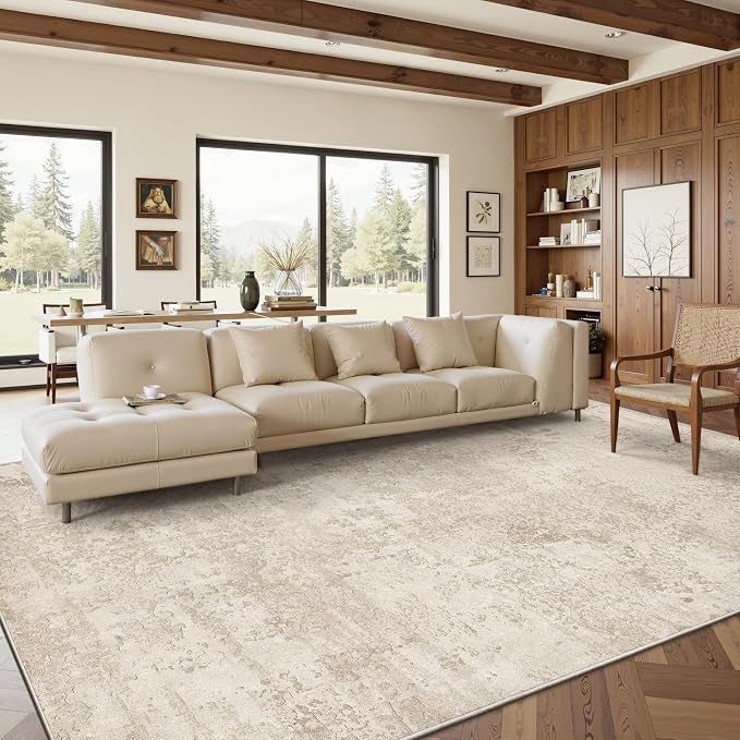 Art&Tuft Washable Rug, Ultra Thin Anti-Slip Backing Abstract 9x12 Area Rug, Low Pile Area Rugs 9x12 Living Room, Stain Resistant Foldable Machine Washable Area Rug (9'x12', Beige)