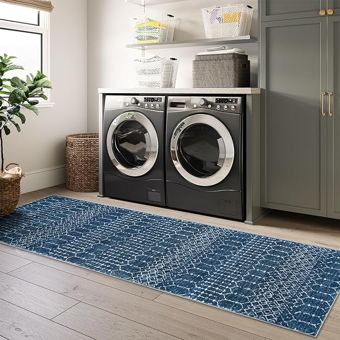 Lahome Moroccan Extra Long Runner Rugs for Hallways, 2.5x12 Rug Runner Washable Ultra-Thin Carpet Non Slip, Faux Wool Soft Modern Floor Print Mat for Entryway Stair (Blue, 2'5''x12') Hana
