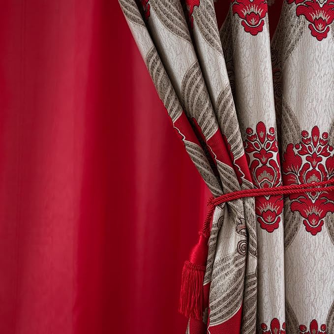 Petrichor Elegant Curtains with Gold Silver Threads 2 Panels Set - Luxury Window Treatment Attached Valance, Sheer Backing, and 2 Tie Backs for Bedroom and Living Room, 54x84 inches, Red