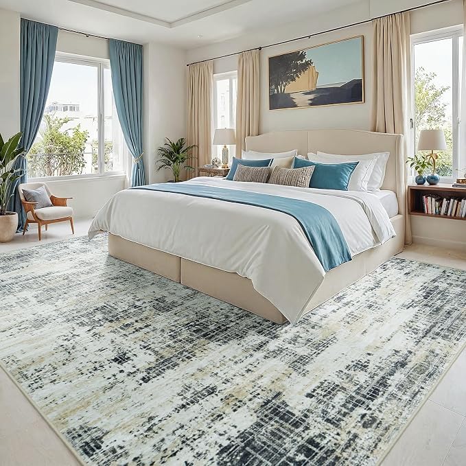 10x14 Area Rugs for Living Room Washable Rug: Anti-Skid Abstract Modern Living Room Rug Soft Thin Carpets Indoor Floor Non-Shedding Carpet for Bedroom Dining Farmhouse Nursery Black Gray Gold