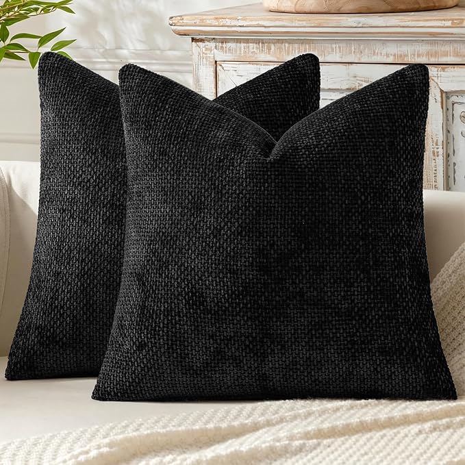 MIULEE Pack of 2 Couch Throw Pillow Covers 16x16 Inch Black Modern Boho Accent Decorative Pillow Covers Soft Chenille Farmhouse Cushion Covers for Home Decor Bed Sofa Living Room