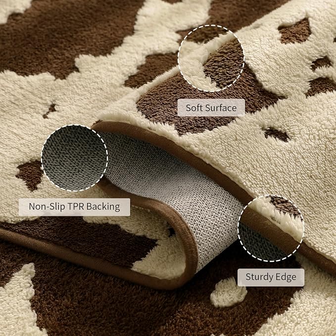 YIHOUSE Cowhide Area Rugs 5×7 Ft, Washable Plush Soft Brown and Cream Cow Rug, Non-Slip High-Low Pile Animal Carpet for Living Room, Bedroom, Dining Room, Nursery, Western Home Decor