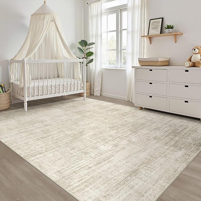 7x9 Area Rug Living Room: Washable Large Neutral Beige Rugs Abstract Soft Modern Stain Resistant Indoor Floor Non-Slip Carpet for Bedroom Nursery Kids Office Playroom Dining Room Under Table Home