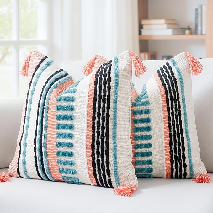 NUYECY Boho Throw Pillow Covers 18x18 Aesthetic Neutral Boucle Couch Pillow Cover Rainbow Striped Decorative Accent Pillow Case for Couch Bed Sofa Farmhouse Bedroom,Modern Funky,Set of 2 Turquoise