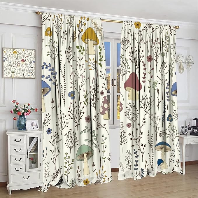 Mushroom Curtains,Colorful Plant Forest Botanical Print Window Treatments for Bedroom Living Room Kitchen Cartoon Herbs Floral Window Drapes 2 Panels Set,Total Size 72 x 63 Inch