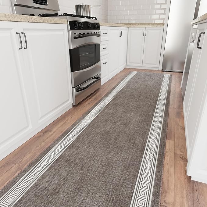 Ottomanson Hallway Runner Rug 2'7" x 12' – Soft Non-Slip Rug, Low Pile Carpet for Entryway, Kitchen & Long Hallways in Apartments and Homes, Greek Border Brown