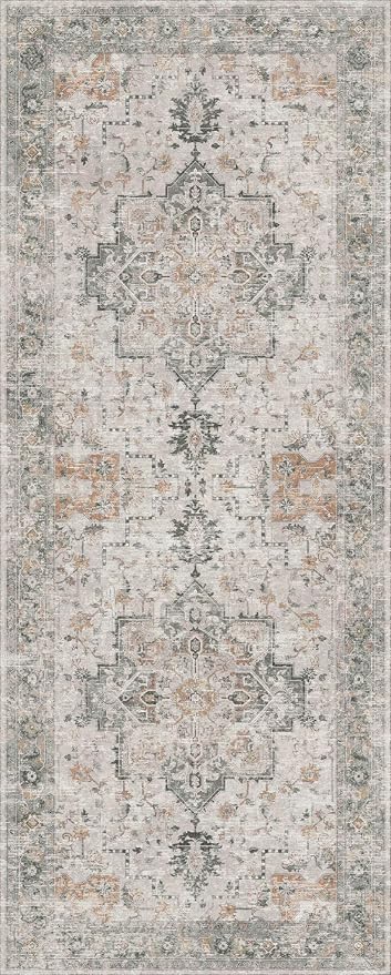GENIMO 2'6''x14 Runner Rugs for Hallway, Machine Washable Non Slip Vintage Rugs, Low Pile Soft Print Rug for enrtyway, Corridor, Home Office,Light Taupe Brown