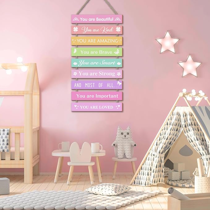 Girls Room Wall Decor, Set of 9 Pieces Wall Decor for Girls Bedroom Teen Girl, Inspirational Wall Art Hanging Plaque for Kids Baby Girl Nursery Wall Decortaions