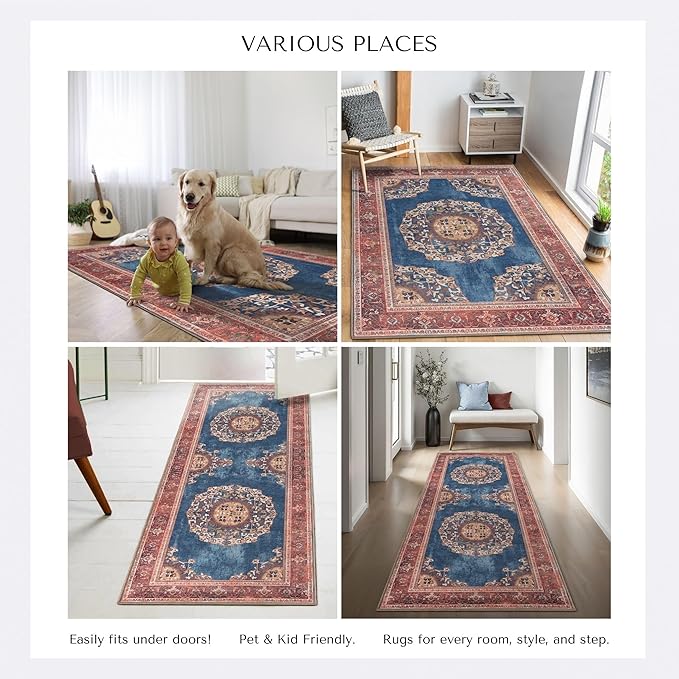 Navy Blue Brick Oushak Large Area Rug 8x10 - Washable Boho Rug Vintage Turkish Non-Slip Carpet Non-Shedding Extra Large Area Rugs for Living Room, Dining, Bedroom, Lounge, Farmhouse