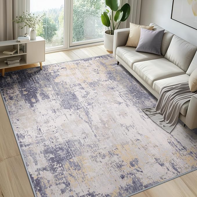 RELEANY Washable Area Rugs 7'x9' Non-Slip Modern Abstract Soft for Living Room Entryway Bedroom Kitchen, Print Pattern, Purple Grey Cream Yellow