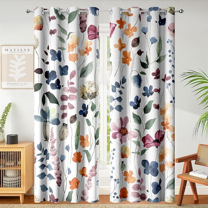 Boho Vintage Floral Blackout Curtains, Retro Watercolour Colorful Plant Leaf Flower Design Window Drapes, Living Room Bedroom Decor 2 Panels 52x63 Inch