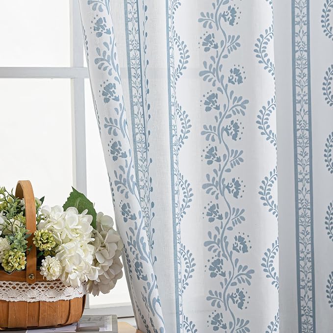 Coastal Curtains for Living Room Bedroom,Light Blue and White Floral Striped Farmhouse Linen Printed Sheer Patterned Beachy Summer Curtains for Beach Room Decor,50 x 84 Inch Length 2 Panels Set