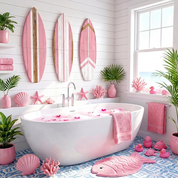 Yookeer 3 Pcs Surfboard Wall Decor,36" x 12" Large Wooden Coastal Beach Wall Decor Set, Aesthetic Cute Beachy Tropical Surf Board Art for Room Bedroom Decoration(Pink,Classic)